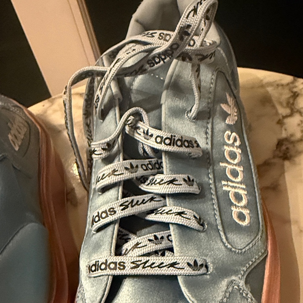 adidas Light Blue Satin Platform Sneakers with Rose Gold Sole - Picture 2 of 4